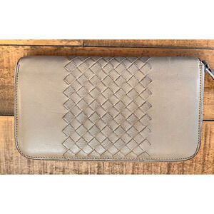 Bottega Veneta Intrecciato Zip Around Long Leather Wallet Taupe/Gray